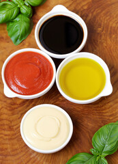 various sauces ketchup, mayonnaise and soy sauce