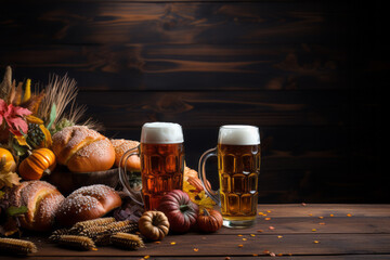 Oktoberfest autumn background with a two mugs of beer standing on a wooden table with some fall...