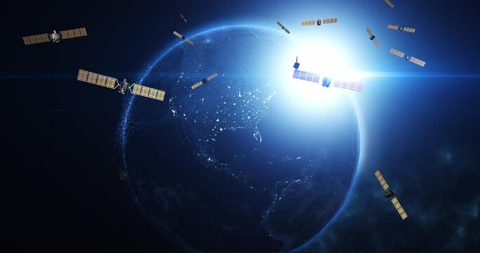 Satellites Delivering Telecommunication and High-Speed Internet. Flying Around Planet Earth. Industry And Technology Related 3D Animation.