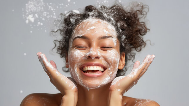 A happy woman applying foam based face wash, Bright photography , HD Background