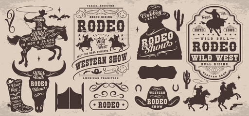Rodeo show monochrome set emblems - obrazy, fototapety, plakaty