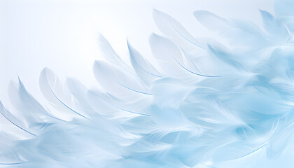 Fototapeta premium Abstract white feathers falling in blue sky. Beautiful Soft and Light White Fluffy Feathers Floating. Abstract. Light of white feather floating. Generated AI illustration