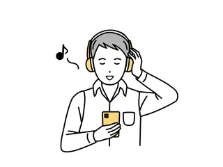 スマートフォンで音楽を聴く若い男性