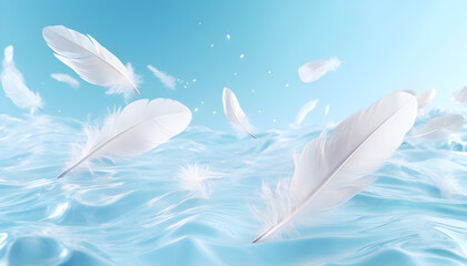Abstract white feathers falling in blue sky. Beautiful Soft and Light White Fluffy Feathers Floating. Abstract. Light of white feather floating. Generated AI illustration