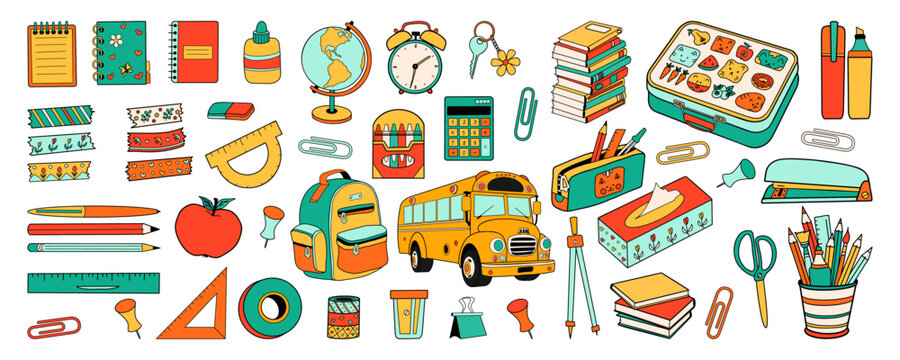 Big set of school stationery supplies. Back to school education cartoon collection in doodle retro style. Bold bright bag, bus, book, globe. Vector illustration isolated on white background.