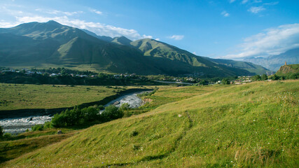 Beautiful view of the mountain river in summer. Georgia, Europe. Caucasus mountains.