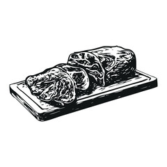 sliced meat on a kitchen cutting board, black and white illustration