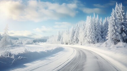 Fototapeta na wymiar winter road, covered with snow on sunny day generative AI