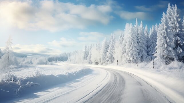 winter road, covered with snow on sunny day generative AI