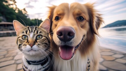 Happy cat and dog best friends taking a selfie shot.