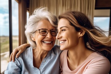 Fototapeta na wymiar Loving senior woman and her adult daughter enjoying in their time together at home.