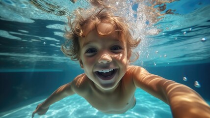 Happy kid having fun swimming underwater.