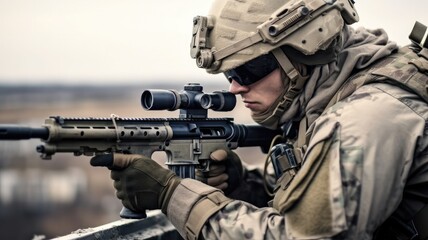 Fototapeta premium Hunter shooting with sniper rifle.