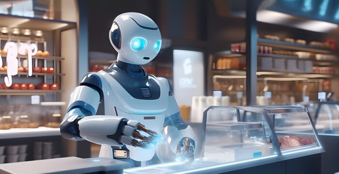 Automated robot cashier with blue glowing eyes serves a customer in a grocery store, selling food, concept of modern technology replace human labor