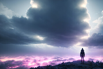 Obraz premium Fantasi man stands in front of a shining sky with a large cloud in the background.,Generative AI