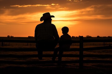 Father and son communicate on the ranch, in the rays of sunset. Father and son. Mutual understanding and trust.