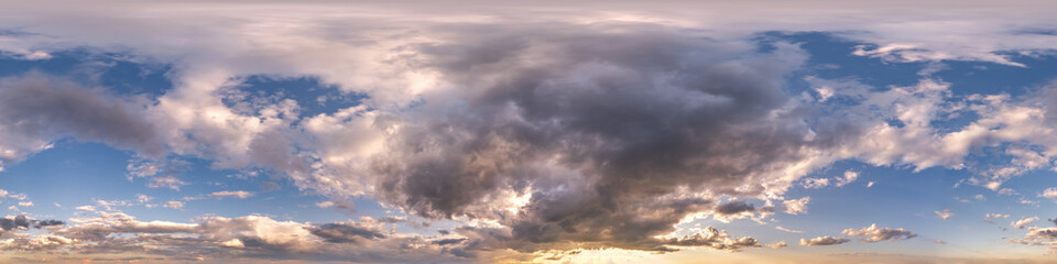 evening dark blue sky hdr 360 panorama with pink beautiful clouds in seamless projection with zenith for use in 3d graphics or game development as sky dome or edit drone shot for sky replacement