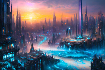 Big city landscape, futuristic city view with hi-tech buildings, roads and modern skyline in the background, Generative AI