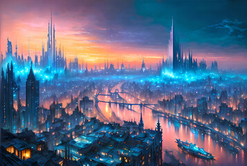 Obraz premium Big city landscape, futuristic city view with hi-tech buildings, roads and modern skyline in the background, Generative AI