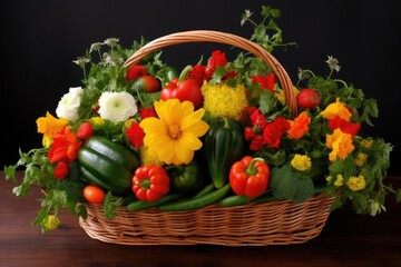 Fototapeta na wymiar bursting with cherry tomatoes, peppers and cucumbers in basket arrangement
