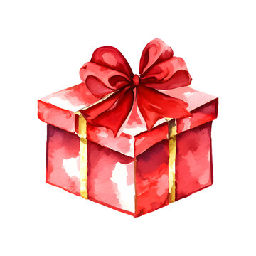 Red gift box watercolor isolated on white background illustration