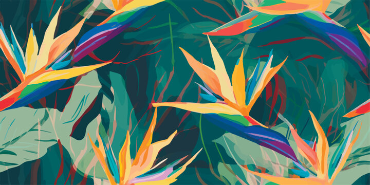 Abstract jungle pattern with strelitzia flowers. Contemporary seamless pattern. Natural colors. Fashionable template for design