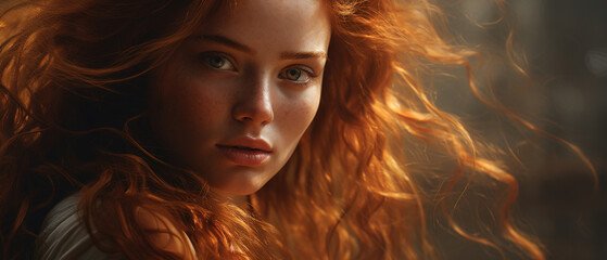 Portrait feminine gorgeous redhead young woman model with freckles looking at camera, closeup of female face with freckles and wind in hair, banner
