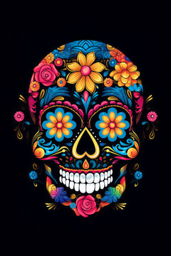 Floral sugar skull on black background, Day of the Dead