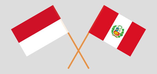 Crossed flags of Indonesia and Peru. Official colors. Correct proportion