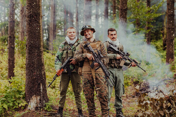 Goup of soldiers in oposit sides celebrating peace after battle