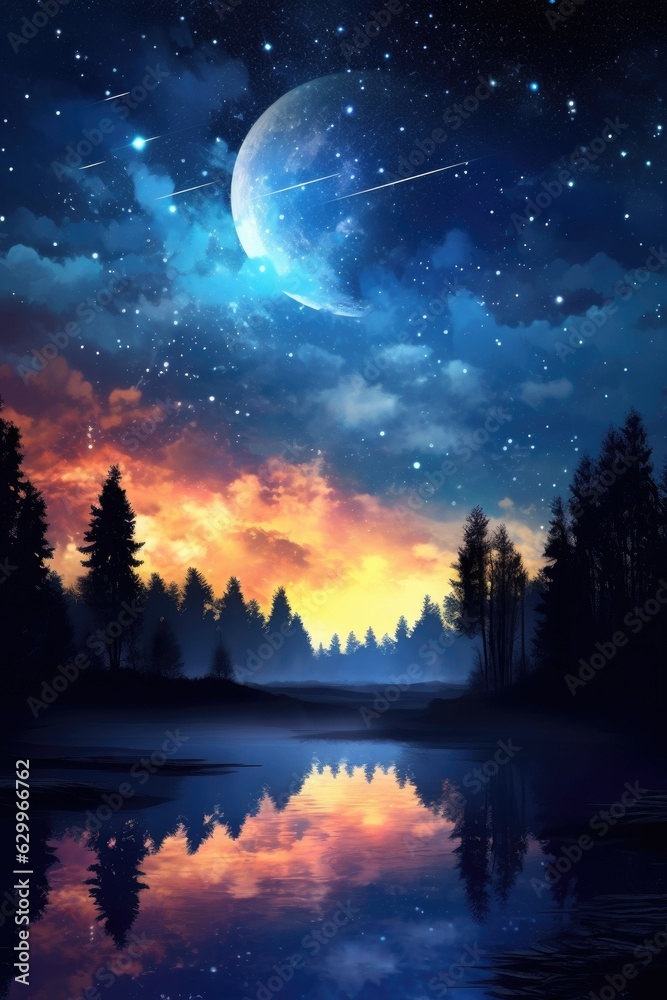 Poster moonlit night sky with a mix of clouds and stars