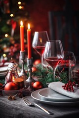 Obraz na płótnie Canvas festive christmas table setting with candles