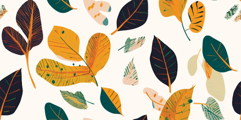 Autumn leaves abstract collage print. Trendy hand drawn contemporary seamless pattern