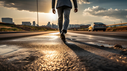 Ground-Level Shot of a Determined Businessman's Feet Moving Forward on an Open Road. Road to Success Concept. Generative Ai. 
