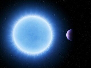 Tidally locked planet in outer space. System of blue star and giant planet. Exoplanet near the sun.