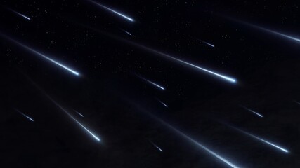 Meteor storm in the night sky. Meteorites and meteoroids. Bright stream of meteors. Falling stars on a black background.
