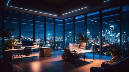 night time office space with row of working office table and work station unit modern interior...