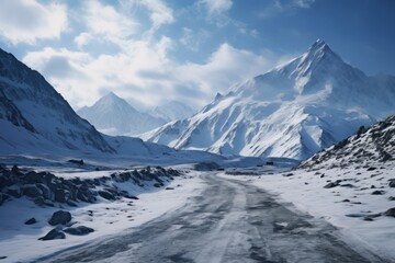 winter road and trees with snow and alps landscape. Generative Ai.