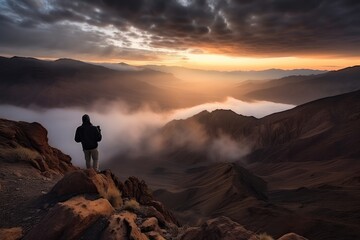A man standing on top of a high mountain, AI generated