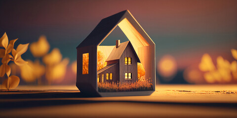 figurine of a house on a beautiful background with leaves. the concept of home and comfort, mortgage, real estate acquisition.