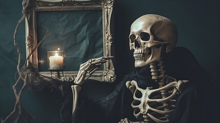 Head skull holding photo frame in Halloween vibes darkness
