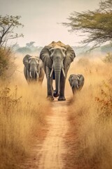 family of elephants walking together in the savanna