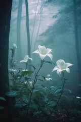 ethereal shot of flowers in misty forest