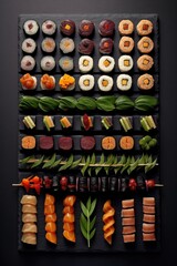 sushi rolls neatly arranged on a black slate