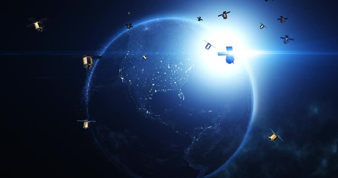 Satellites Flying Around Earth And Enabling High-Speed Internet and Telecommunication. Industry And Technology Related 3D Animation.