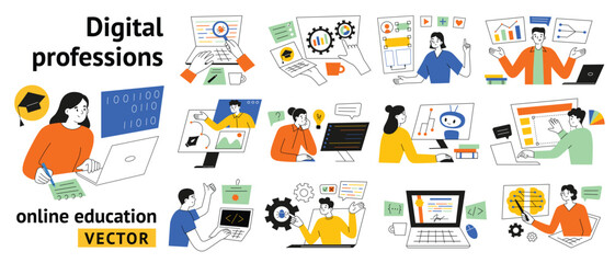 Digital professions online course, IT distant education, people study coding and machine learning, collection of vector illustrations with students and teachers in information technology