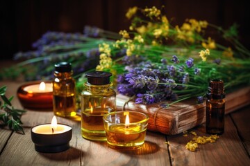 aromatherapy candles and essential oils on wooden table