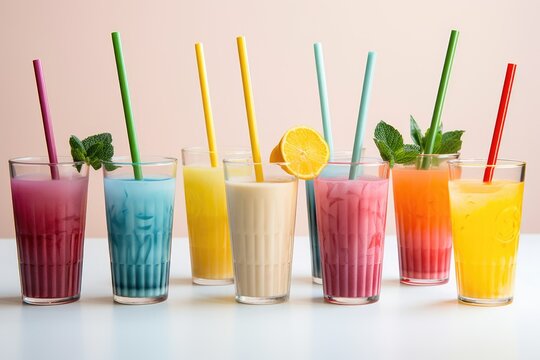 assorted smoothie glasses with colorful straws