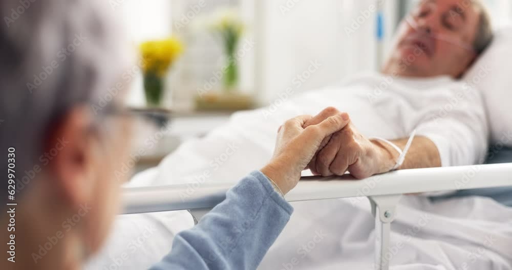 Canvas Prints Hospital, bedroom and senior couple holding hands, empathy and support husband recovery, healthcare problem or rehabilitation. Retirement, comfort or elderly woman care for sick cancer patient in bed