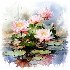 Watercolor Clipart on White Background Lotus Flower on Lily Pad